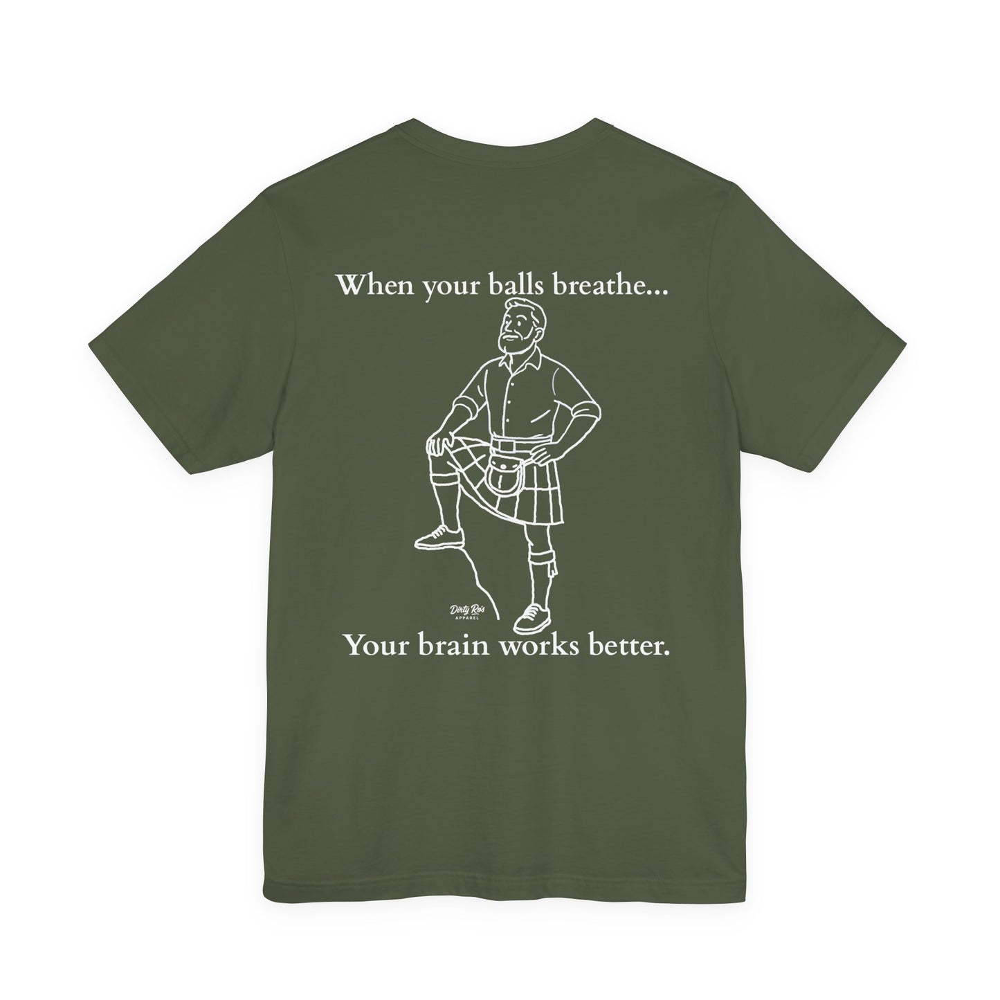 Let Your Balls Breathe Kilt Shirt – Funny Men’s Scottish Tee with Brainpower Bonus